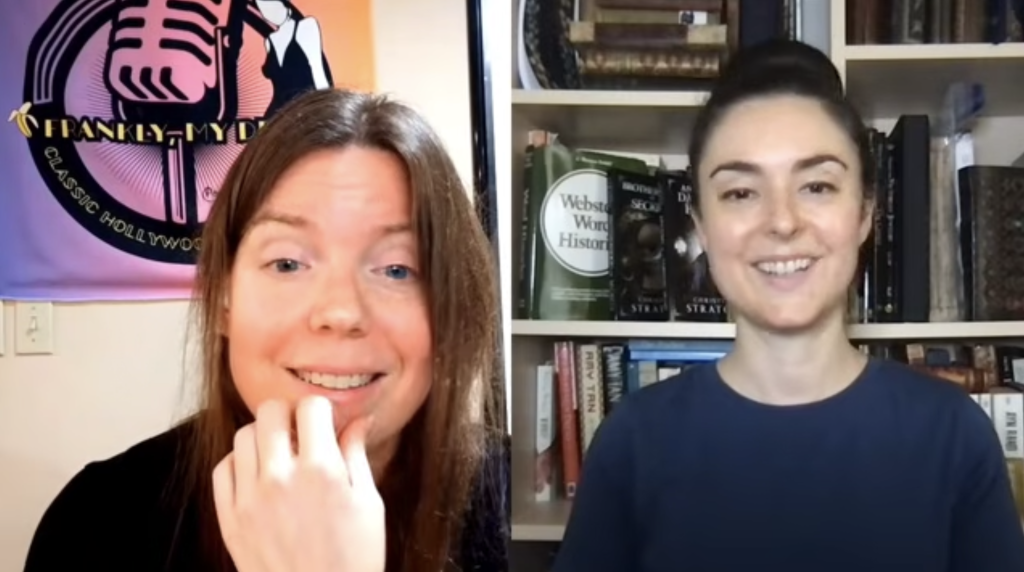 On the left, Kristen Winiarski sits smiling with her podcast logo behind her. On the right, Christie Stratos is also smiling, and her background is a bookcase loaded with books.